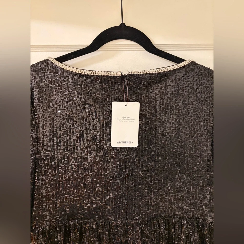 NWT Self-Portrait Black Feather-Trim Sequined Mini Dress Black Pink Size 12 - Picture 7 of 10